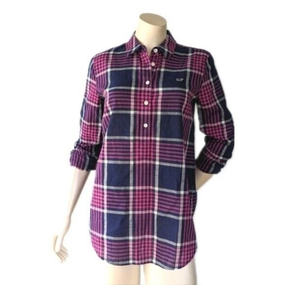 Vineyard Vines Plaid Button Up Top Women 6 Navy Pink Roll Tab Preppy Coastal‎